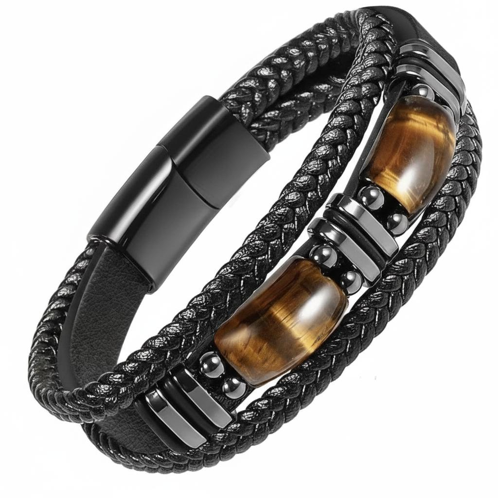Pulsera Ojo de Tigre y Cuero Negro